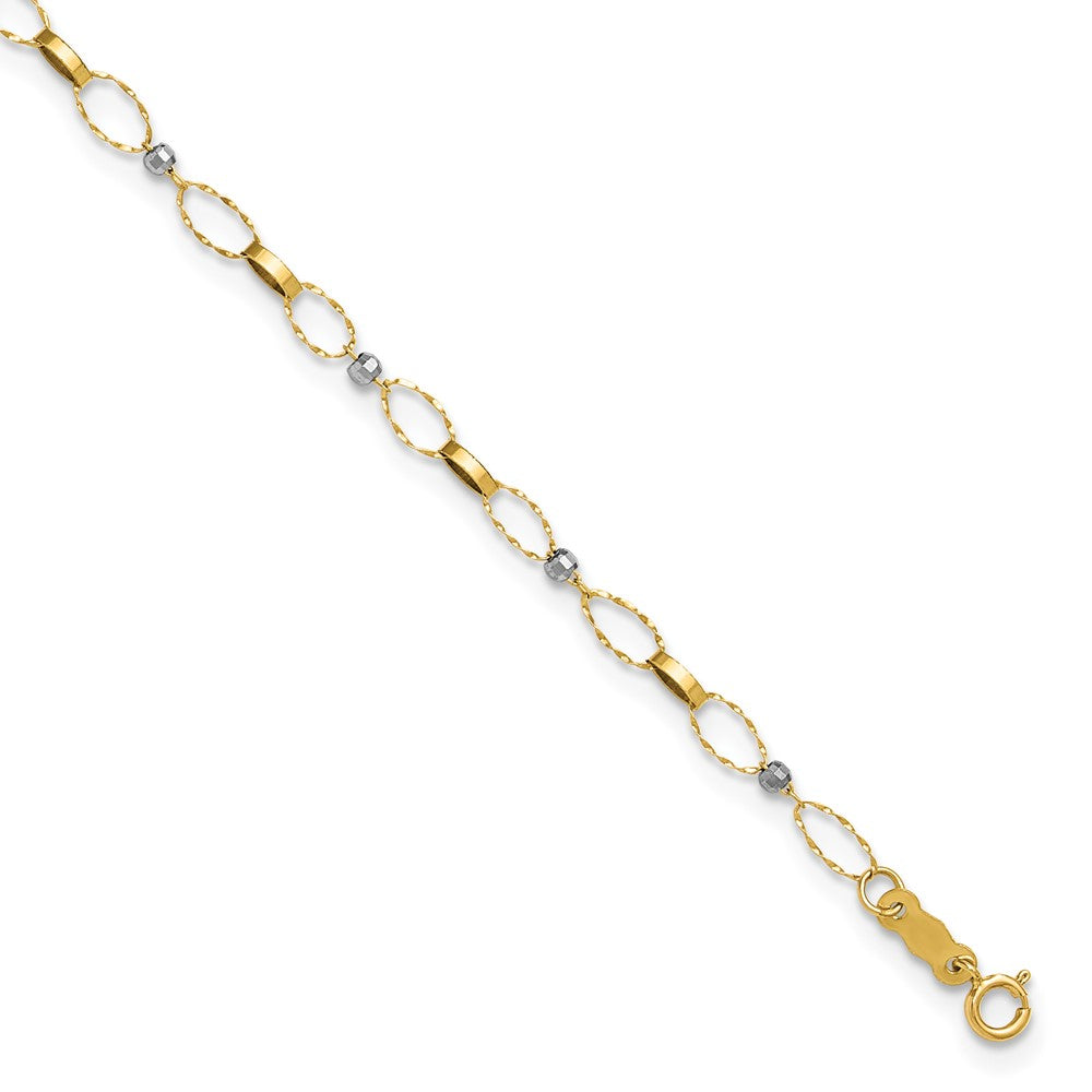 14k Two-tone Polished and Twisted Fancy Oval Links and Faceted Beads 9 inch Plus 1 inch Extension Anklet
