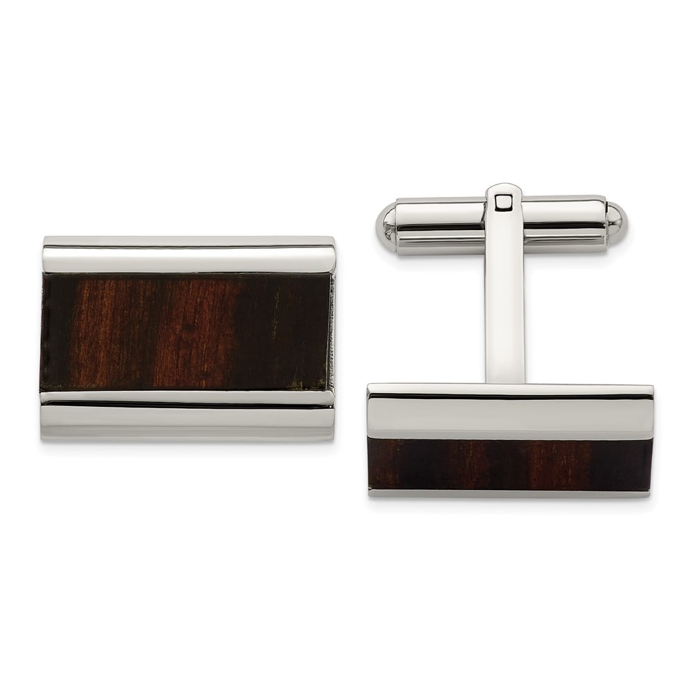 Stainless Steel Polished Black Wood Inlay Enameled Cuff Links