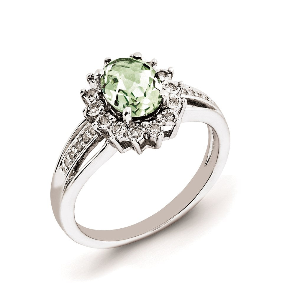Sterling Silver Rhodium-plated Diamond & Oval Green Quartz Ring