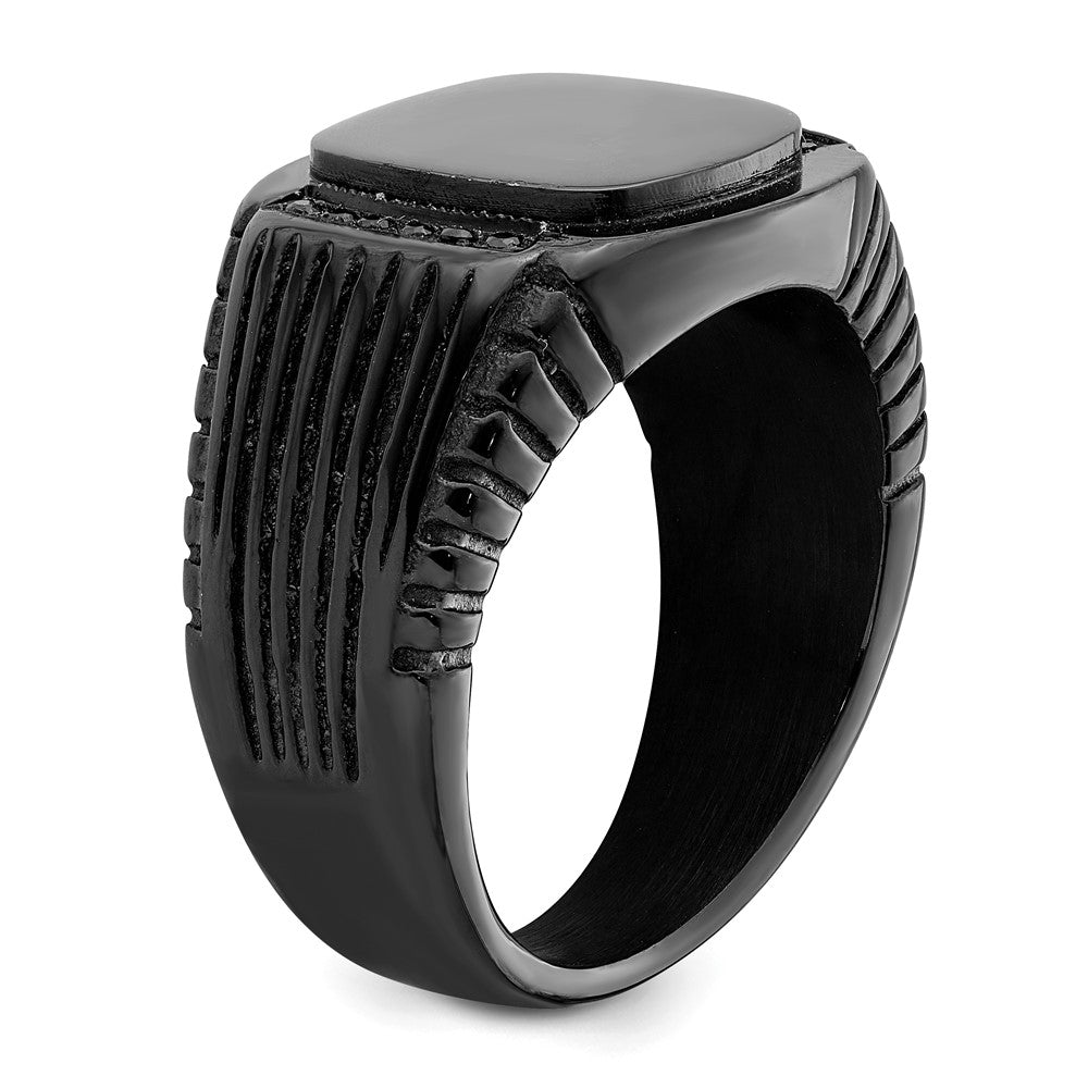 Stainless Steel Polished Black IP-plated with Black CZ Signet Ring Size - 12