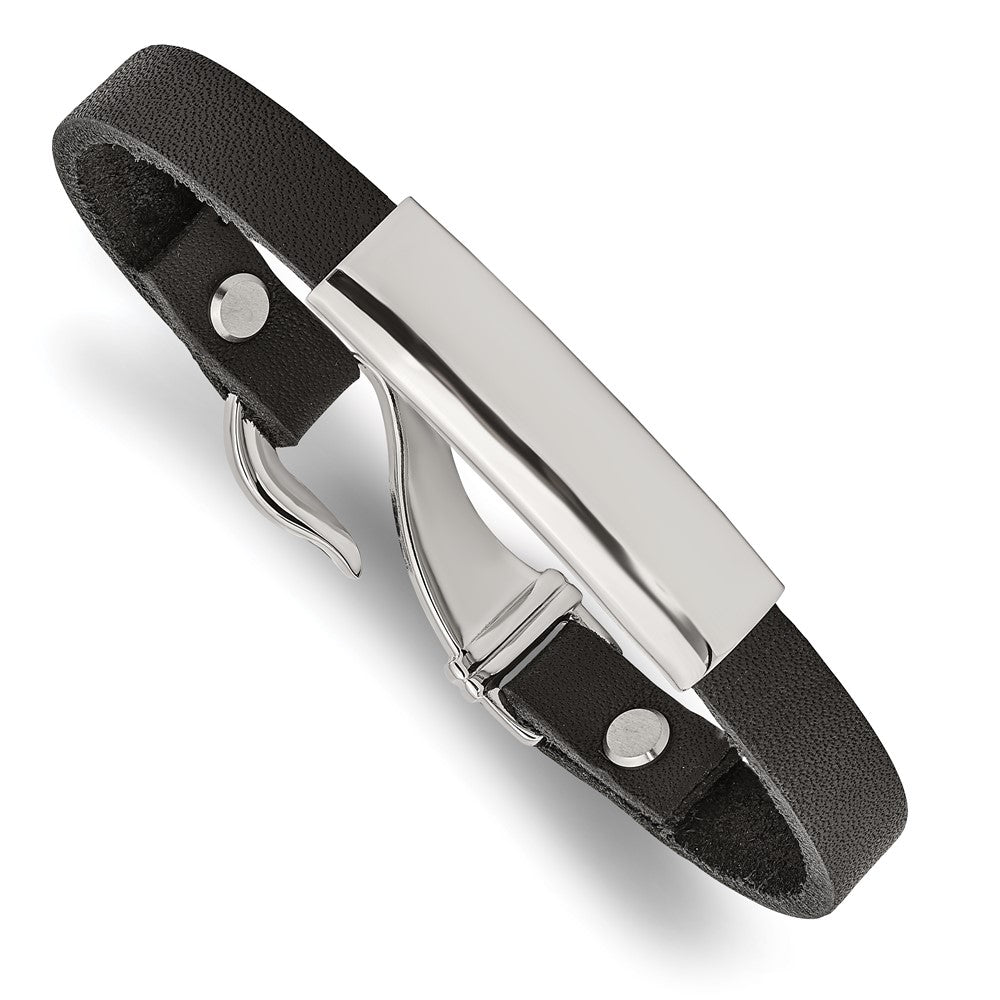 Stainless Steel Polished Black Leather 8.5in ID Bracelet 8.5 inches
