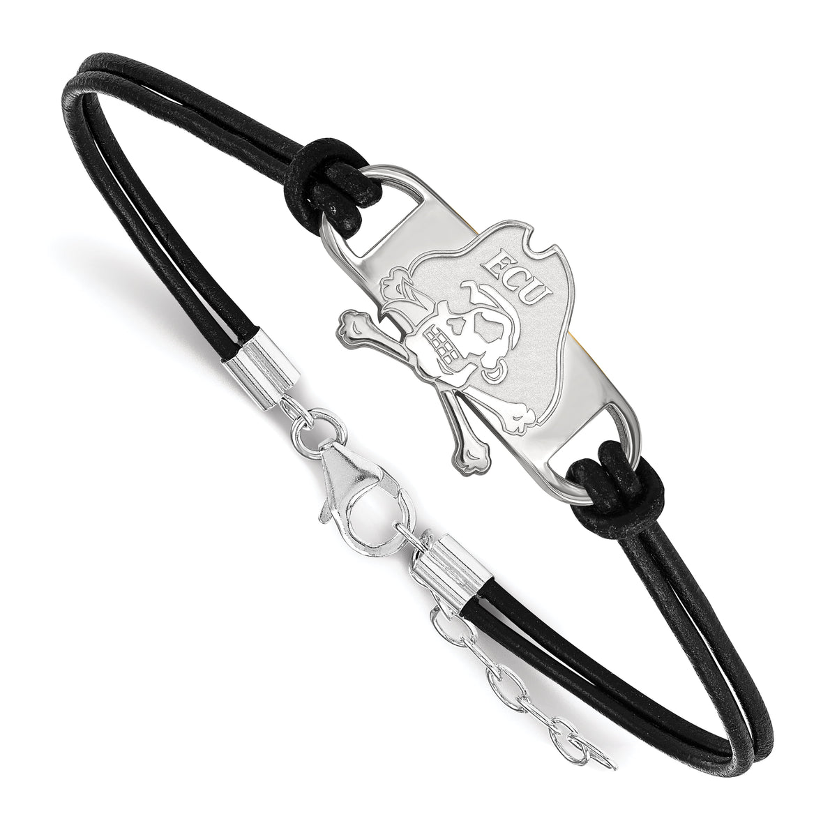 LogoArt Sterling Silver East Carolina University Leather Bracelet Small Center