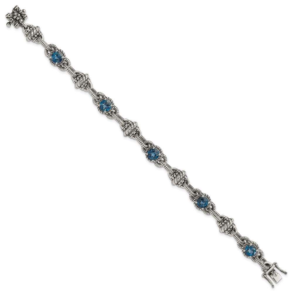 Shey Couture Sterling Silver 7.75 inch Antiqued Round London Blue Topaz Bracelet 7.75 inches