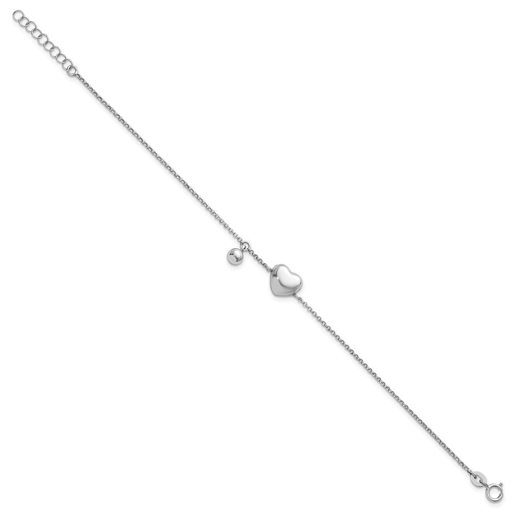 Sterling Silver Rhodium-plated Polished Puffed Heart and Ball 7 inch with 1 inch Extender Bracelet 8 inches