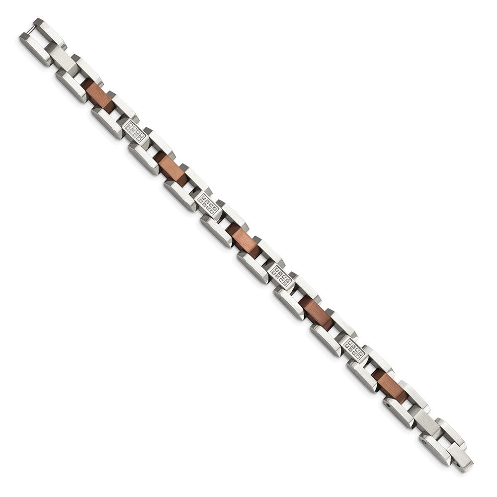Stainless Steel Brushed & Polished Brown IP 1/4ct. Diamond 8.5in Bracelet 8.5 inches