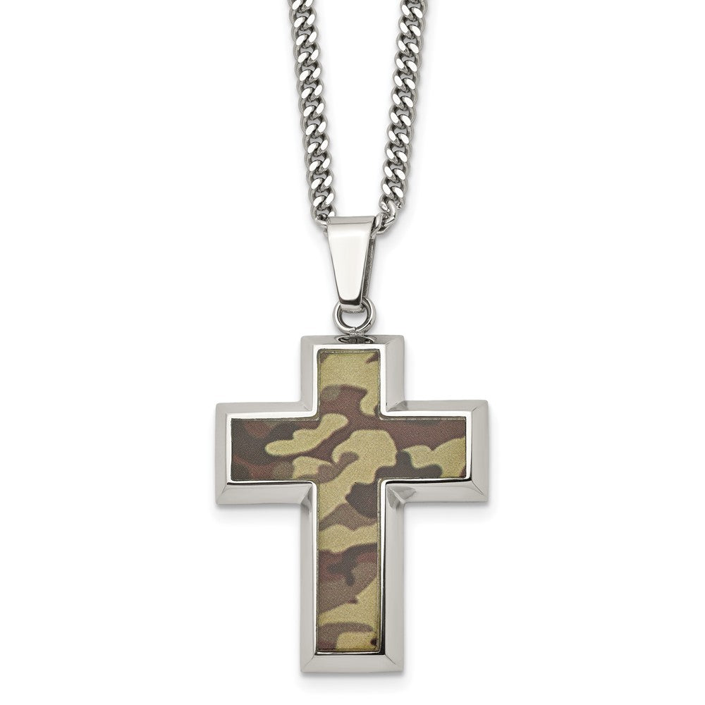 Stainless Steel Polished Printed Brown Camo Under Rubber Cross Necklace