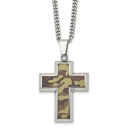 Stainless Steel Polished Printed Brown Camo Under Rubber Cross Necklace