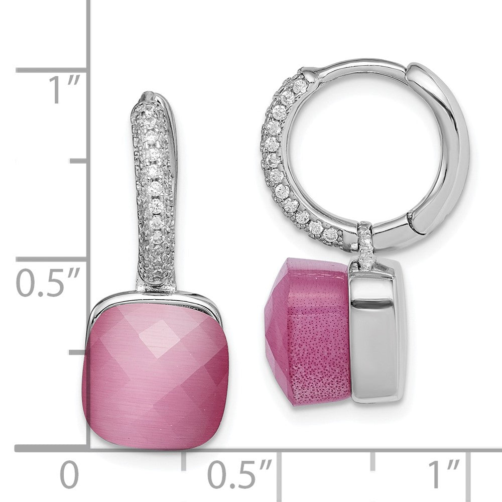 Sterling Silver Rhod-plated CZ Lab Cr Pink Cat's Eye Hinged Hoop Earrings