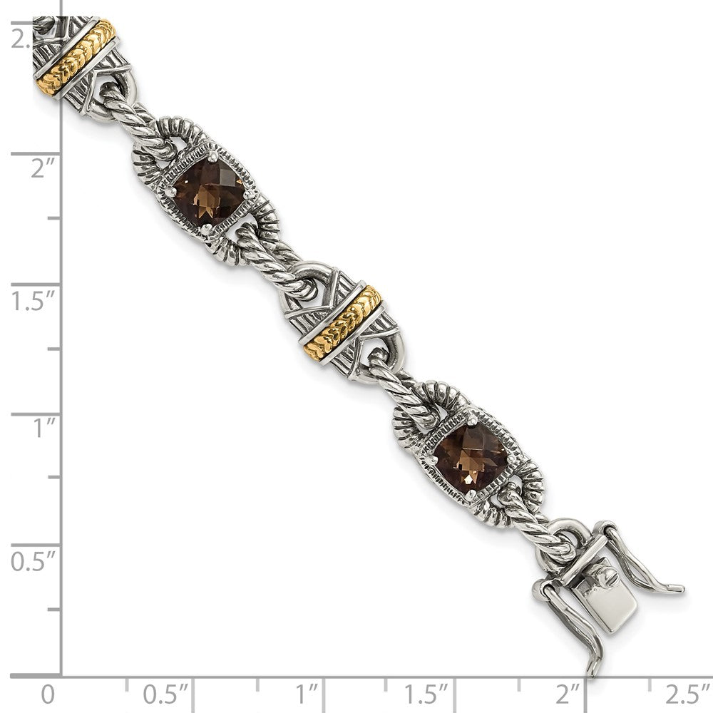 Sterling Silver w/14ky Accent Polished & Antiqued Smoky Quartz Bracelet