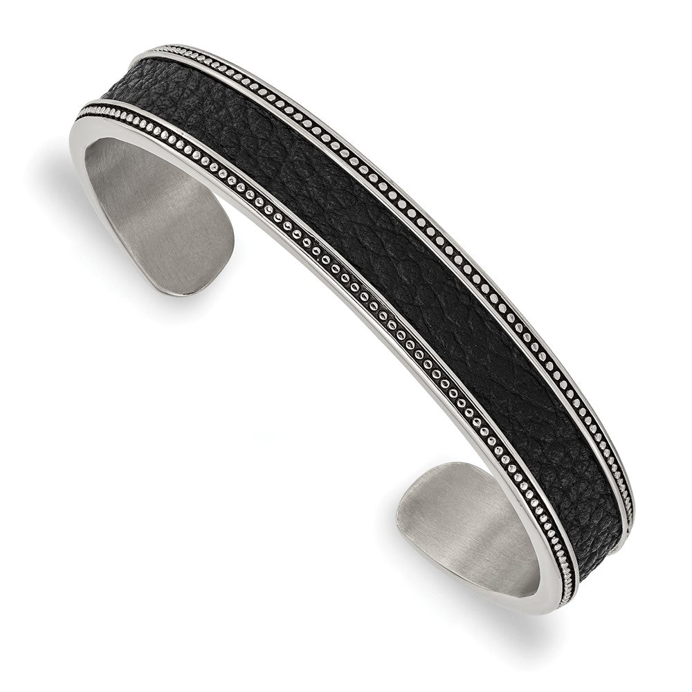 Stainless Steel Antiqued & Polished w/Textured Leather Inlay 12mm Bangle 7.25 inches
