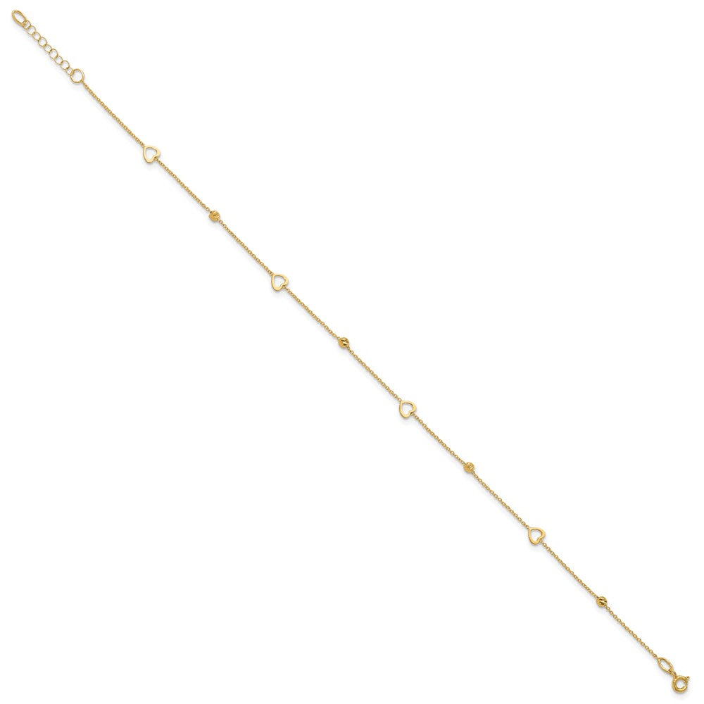 10K Polished and Dia-cut Heart 10in Plus 1in ext. Anklet
