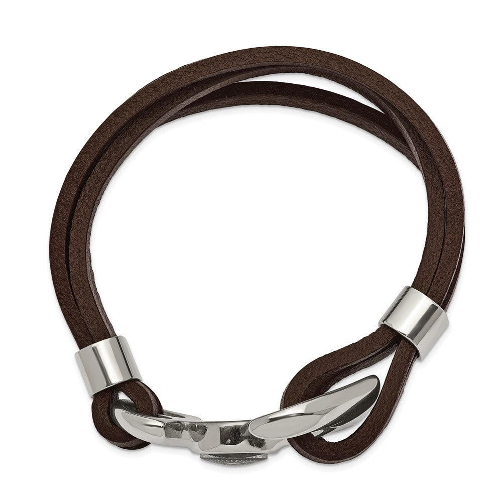 Stainless Steel Polished Functional Compass Brown Leather 8.5in Bracelet 8.5 inches