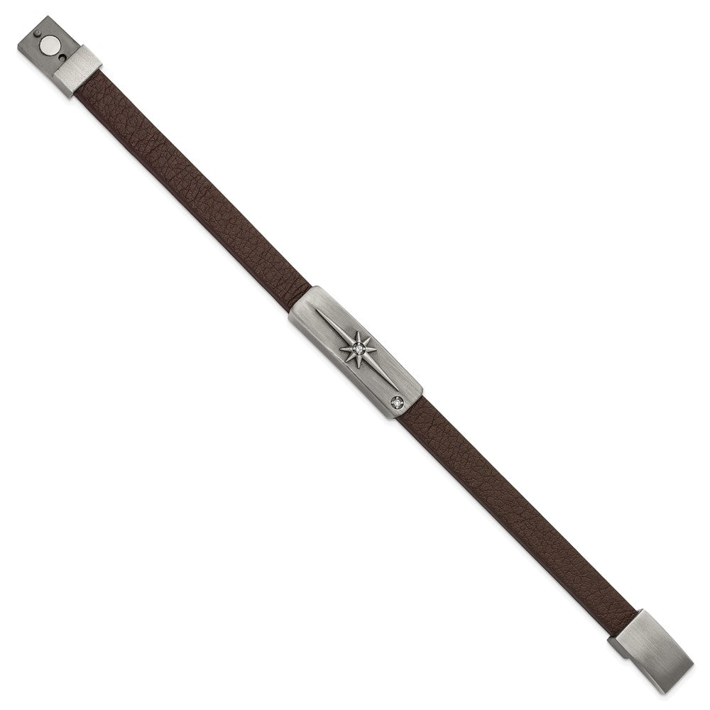 Stainless Steel Antiqued Bronze-plated w/CZ Starburst Leather Bracelet 8 inches