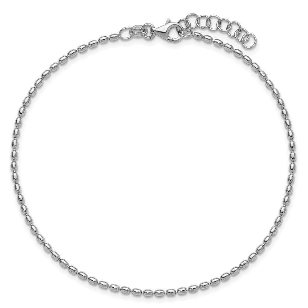 Sterling Silver RH-plated Beaded 9in Plus 1in ext. Anklet
