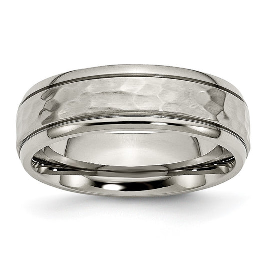 Titanium Polished and Hammered 7mm Grooved Edge Band Size - 11.5