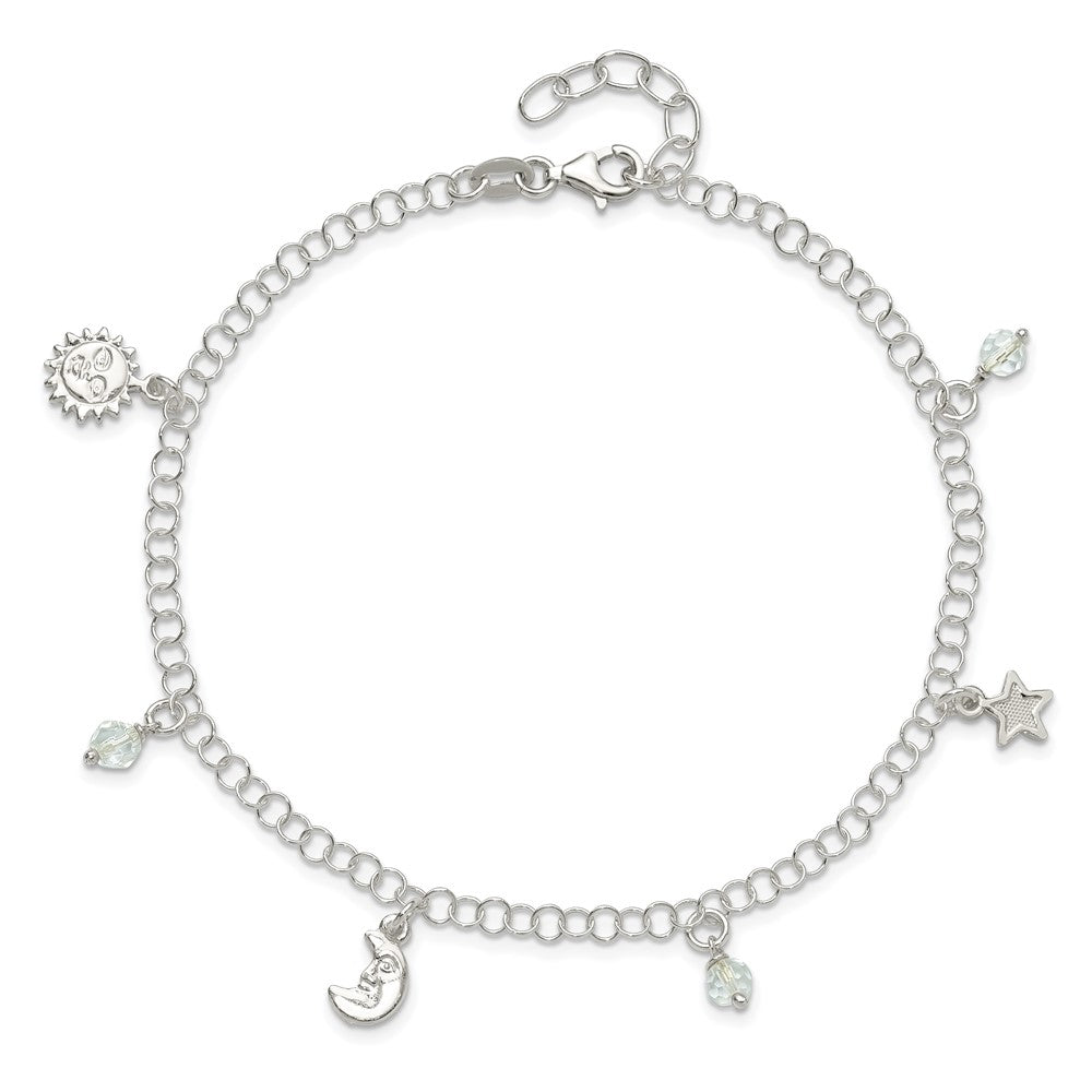 Sterling Silver Polished Sun Moon and Stars 9in Plus 1in Ext. Anklet 9 inches