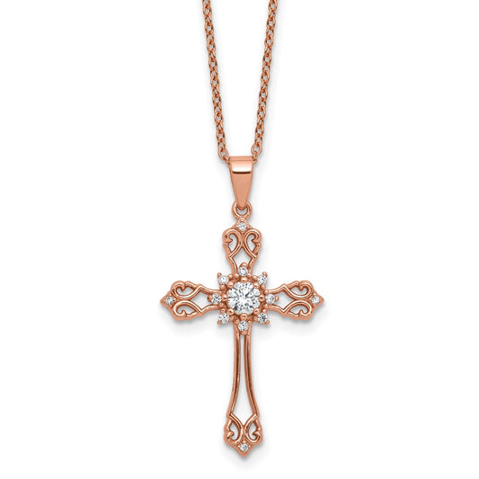 Cheryl M Sterling Silver Rose Gold-plated Polished CZ Cross with 2 Inch Extension Necklace 18 Inches