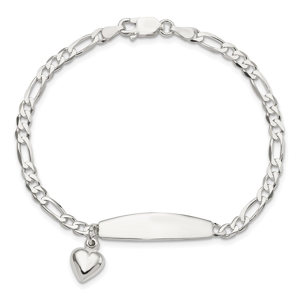 Sterling Silver Polished Figaro ID Heart Dangle Bracelet 7.5 inches
