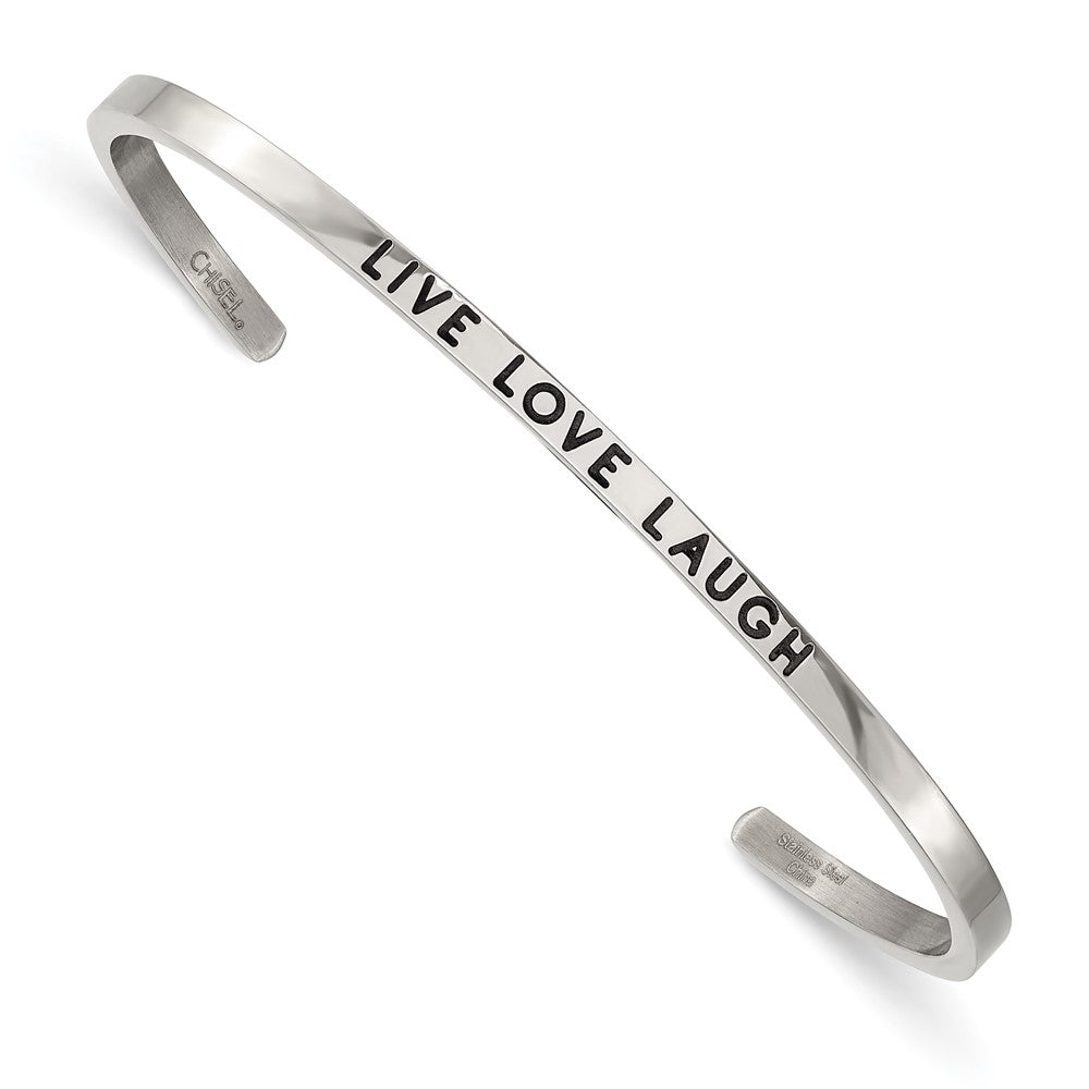 Stainless Steel Polished Enamel/Crystal LIVE LOVE LAUGH 3mm Cuff Bangle 7 inches