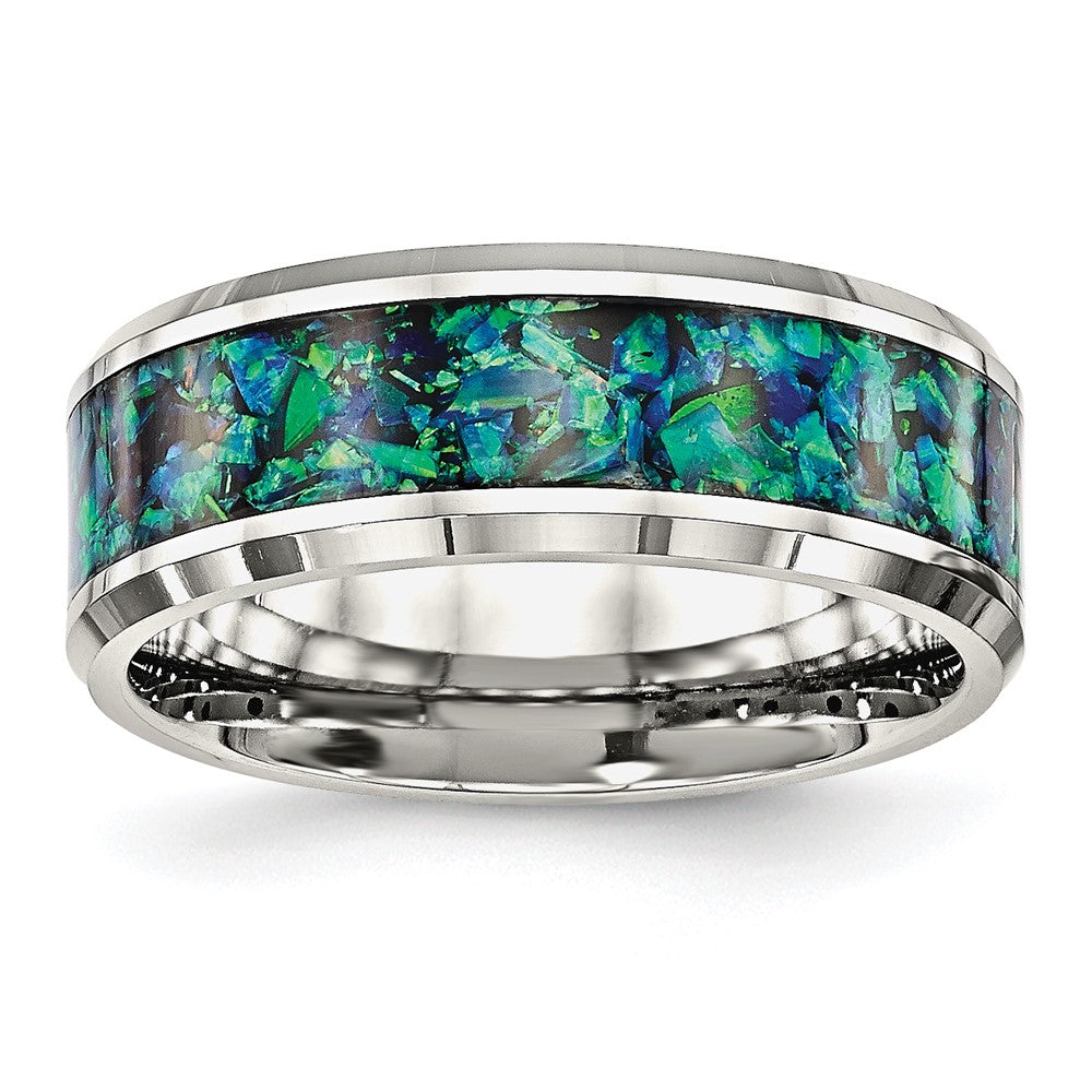 Stainless Steel Polished with Blue Imitation Opal Inlay 8mm Band Size - 8
