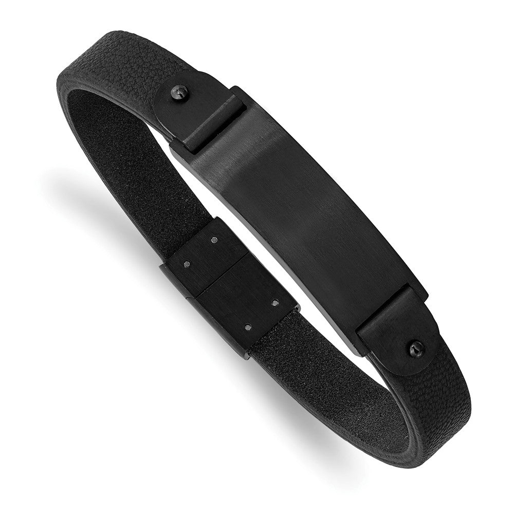 Stainless Steel Brushed Black IP-plated Black Leather 8.5in ID Bracelet 8.5 inches