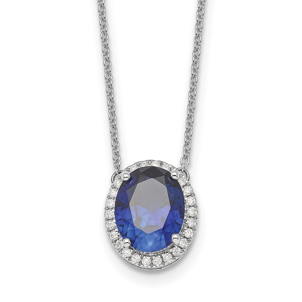 14k White Gold Oval Created Sapphire/Diamond 18in. Halo Necklace
