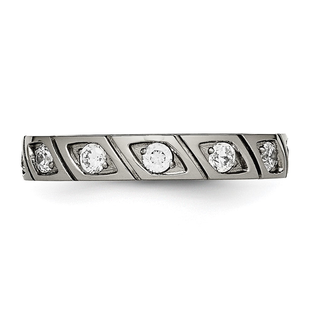 Titanium Polished with CZ 4mm Grooved Band Size - 8