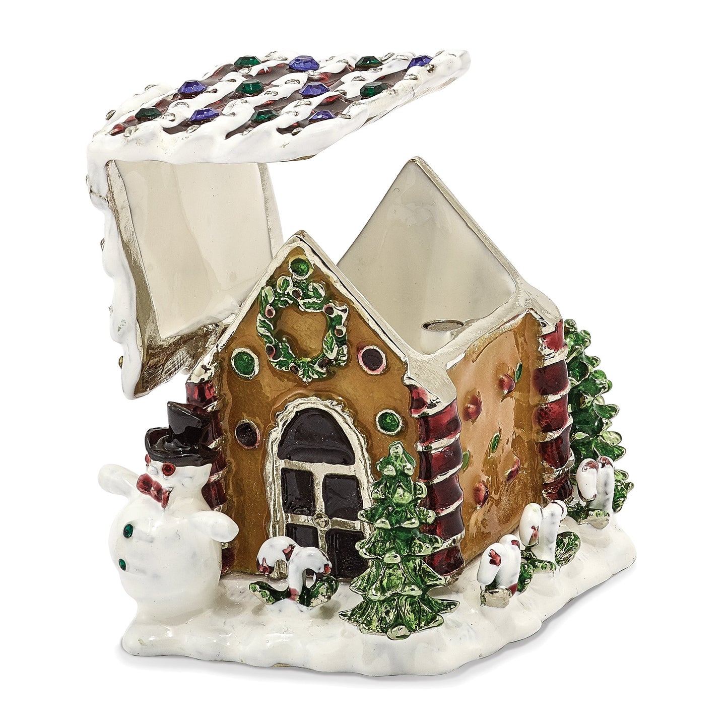 Luxury Giftware by Jere Bejeweled Crystals Silver-tone Enameled LEBKUCHENHAUS Gingerbread House Trinket Box with Matching 18 Inch Necklace QBJ2058