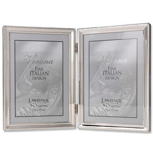 Lawrence Frames Polished Silver Plate 5x7 Hinged Double Picture Frame - Bead Border Design