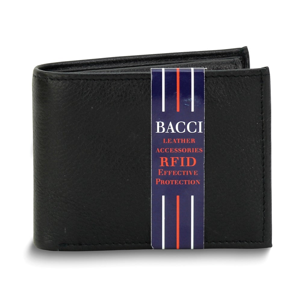 Black Cowhide Leather Bifold with Two Flip-Open Flaps RFID Blocking Wallet