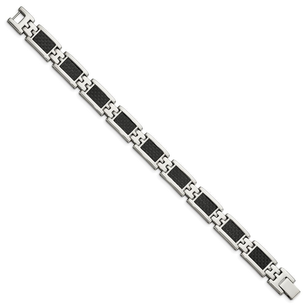 Stainless Steel Polished Black Carbon Fiber Inlay 9in Bracelet 9.25 inches