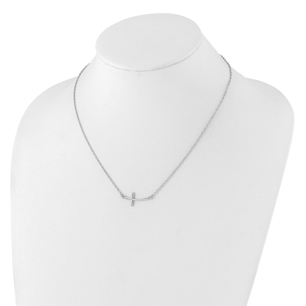 Sterling Silver Rhodium-plated Large Sideways Curved Cross Necklace 18 Inches