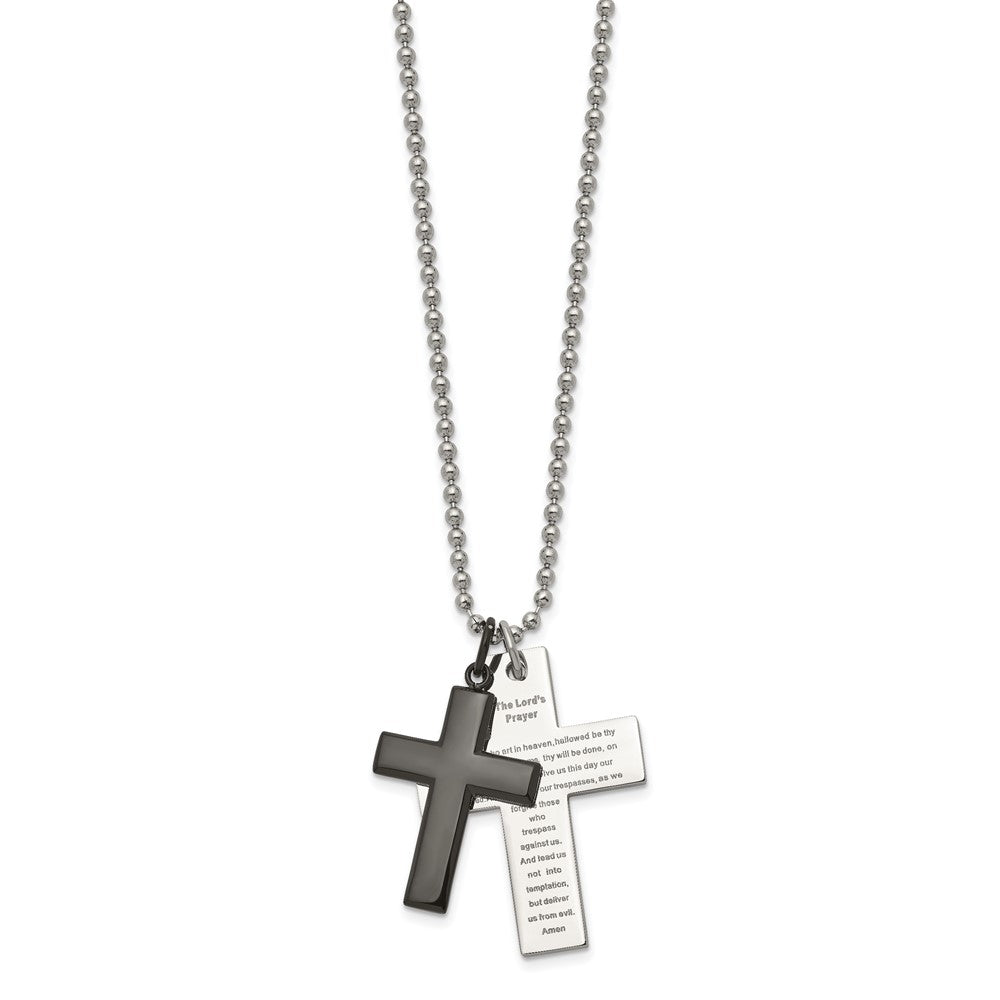 Stainless Steel Polished Black IP-plated Lord's Prayer Cross Necklace