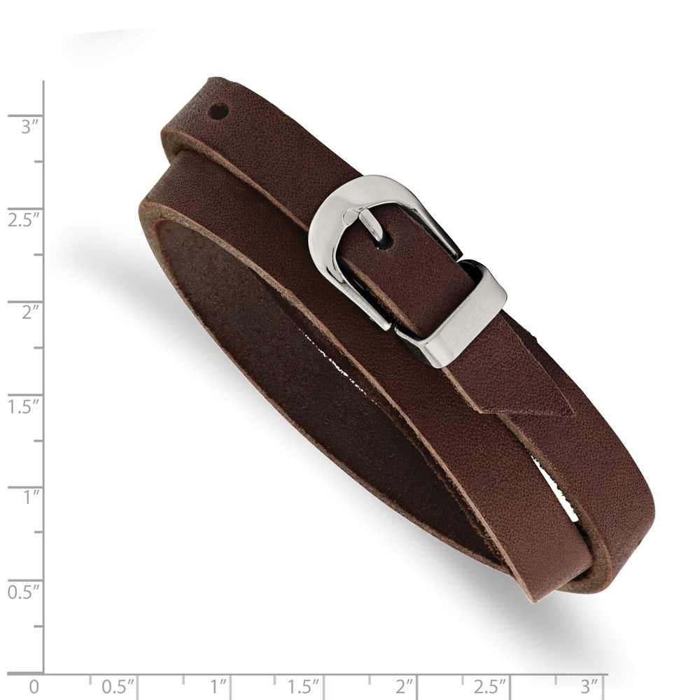 Stainless Steel Brown Leather Wrap Bracelet 8.5 inches