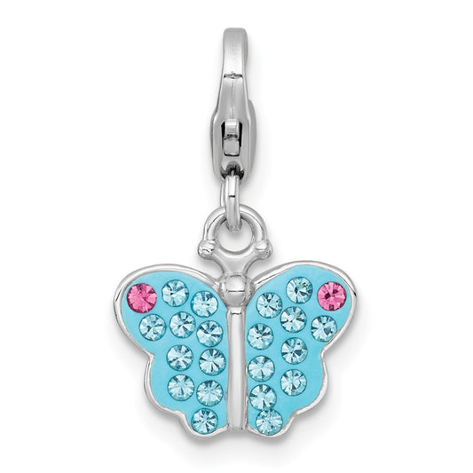 Sterling Silver Amore La Vita Rhodium-plated Polished Blue and Pink Crystal Butterfly Charm
