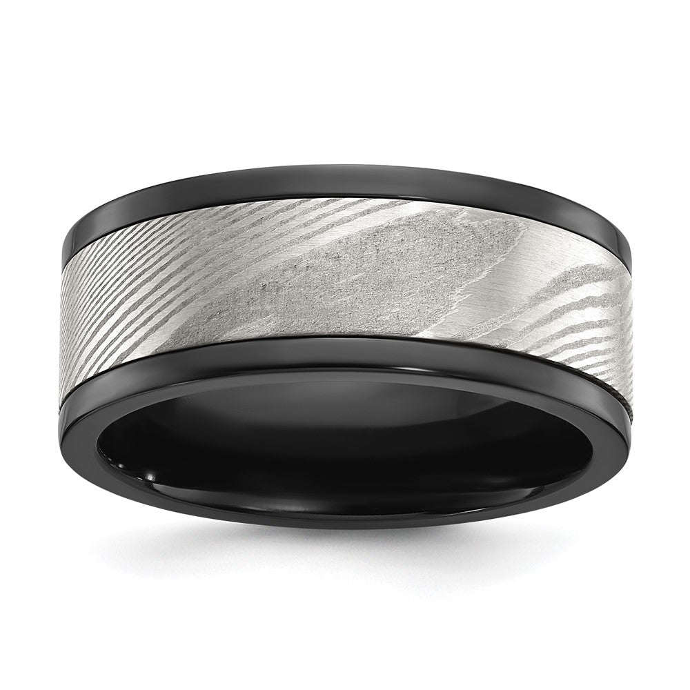 Chisel Black Zirconium Polished with Damascus Inlay 9mm Band Size - 13