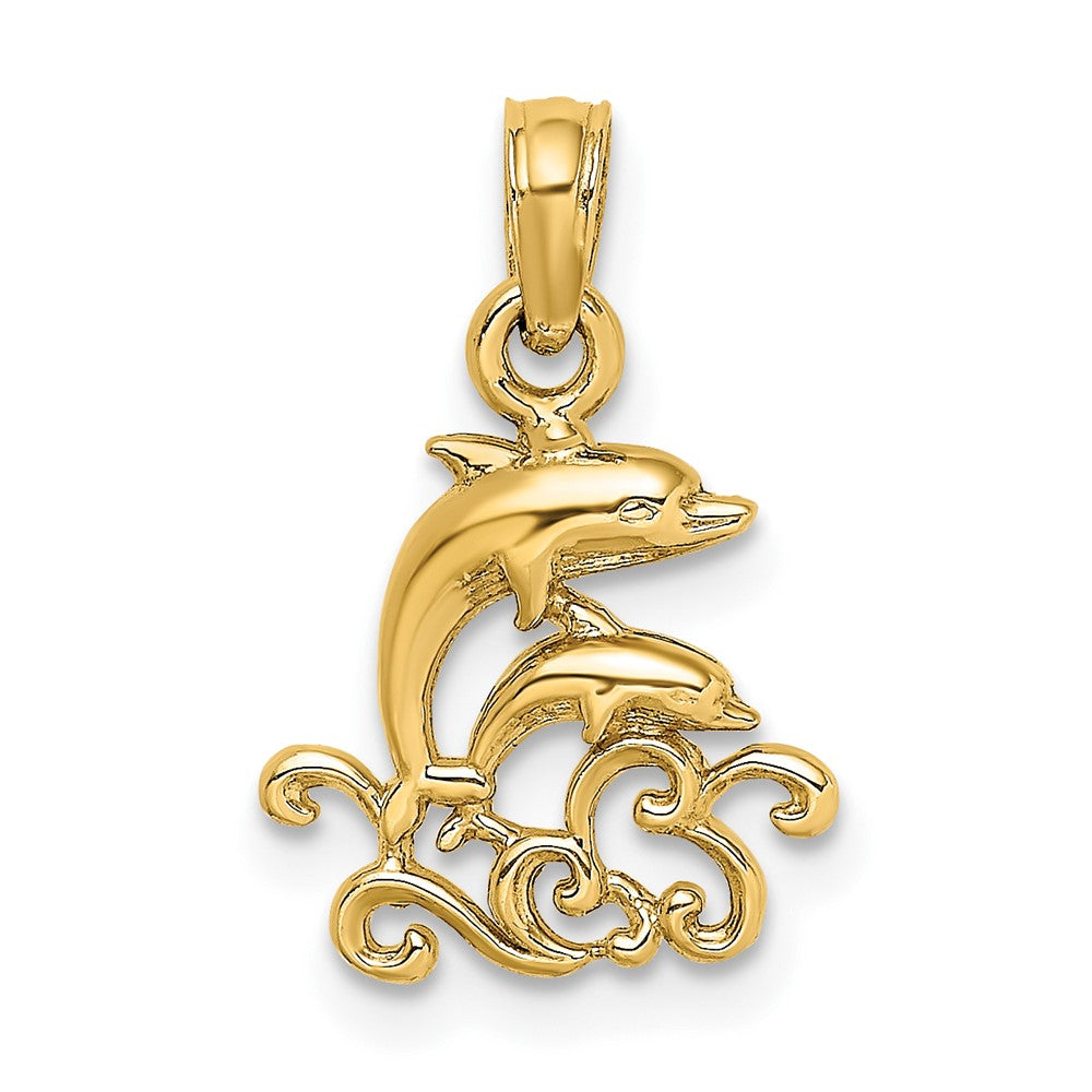 10K Textured Mini Double Dolphins and Waves Charm