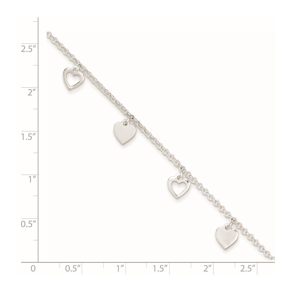Sterling Silver 9 inch Polished Heart with 1in ext. Anklet 9 inches