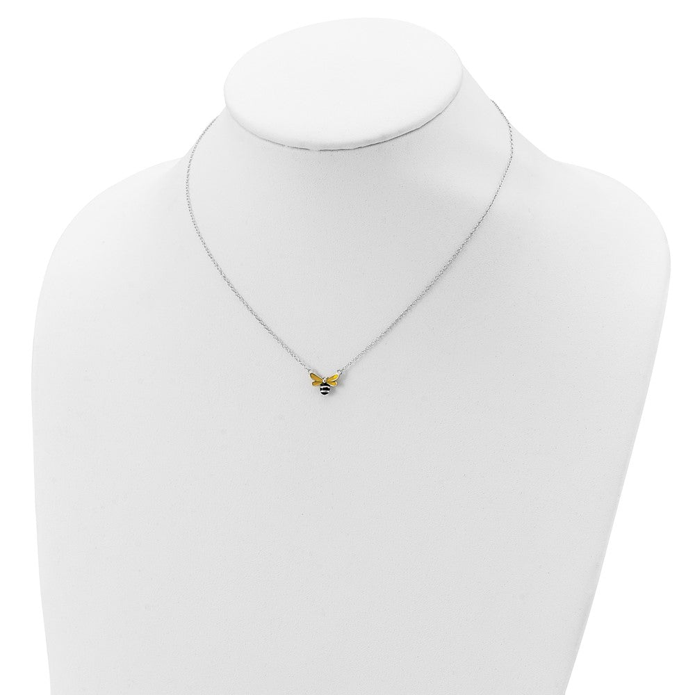 Sterling Silver Polished Yellow & Black Enameled Bumblebee with 2 Inch Extension Children's Necklace 16 Inches