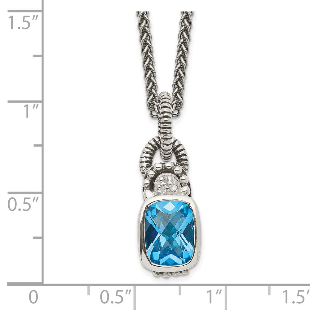 Shey Couture Sterling Silver 18 Inch Antiqued Cushion Bezel Sky Blue Topaz and Diamond Necklace 18 Inches