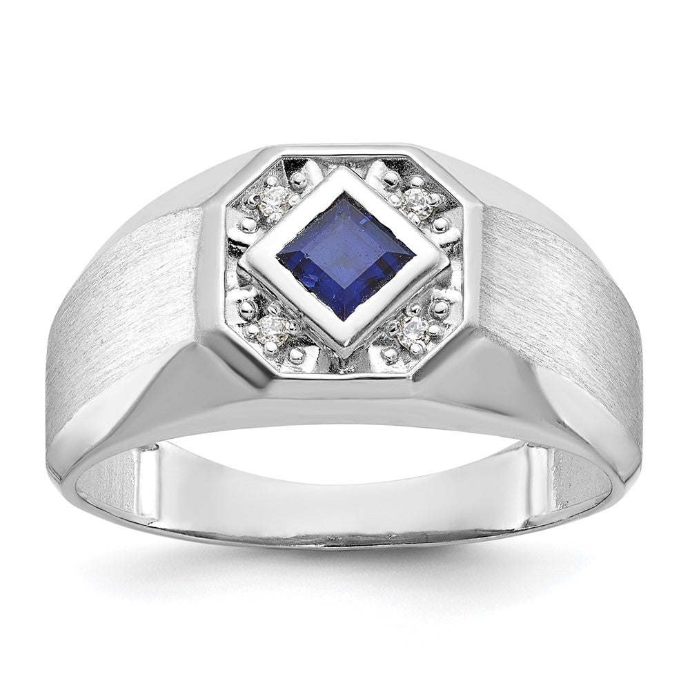 14k White Gold IBGoodman Men's Created Sapphire and 1/20 carat Diamond Satin Complete Ring