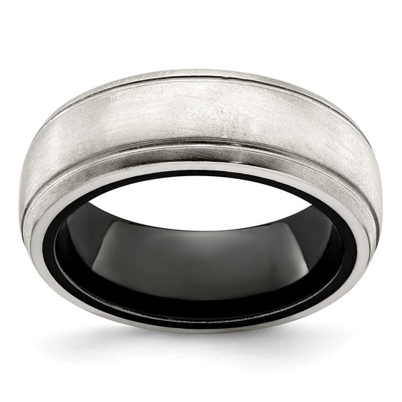 Edward Mirell 8mm Blk Ti w/ Silver Dome Double Groove Band