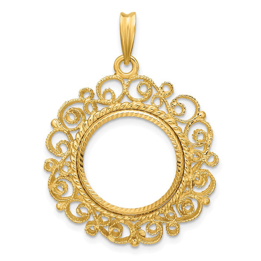 Wideband Distinguished Coin Jewelry 14k Polished Textured and Diamond-cut Victorian 16.0mm Prong Coin Bezel Pendant