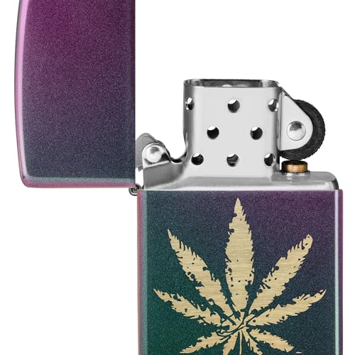 Zippo Brass Marijuana Leaf on Iridescent Violet Satin, Pocket Lighter