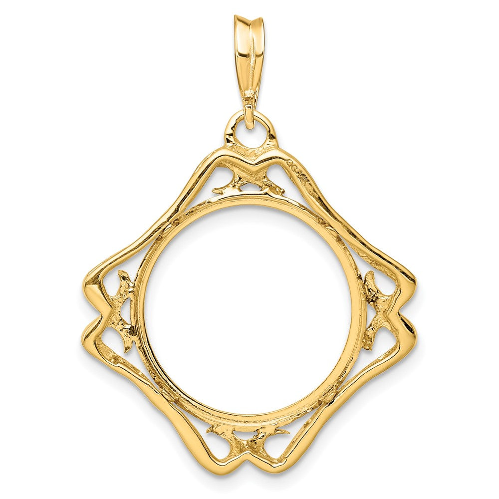 Wideband Distinguished Coin Jewelry 14k Polished Cushion Shape Scroll 17.8mm Prong Coin Bezel Pendant