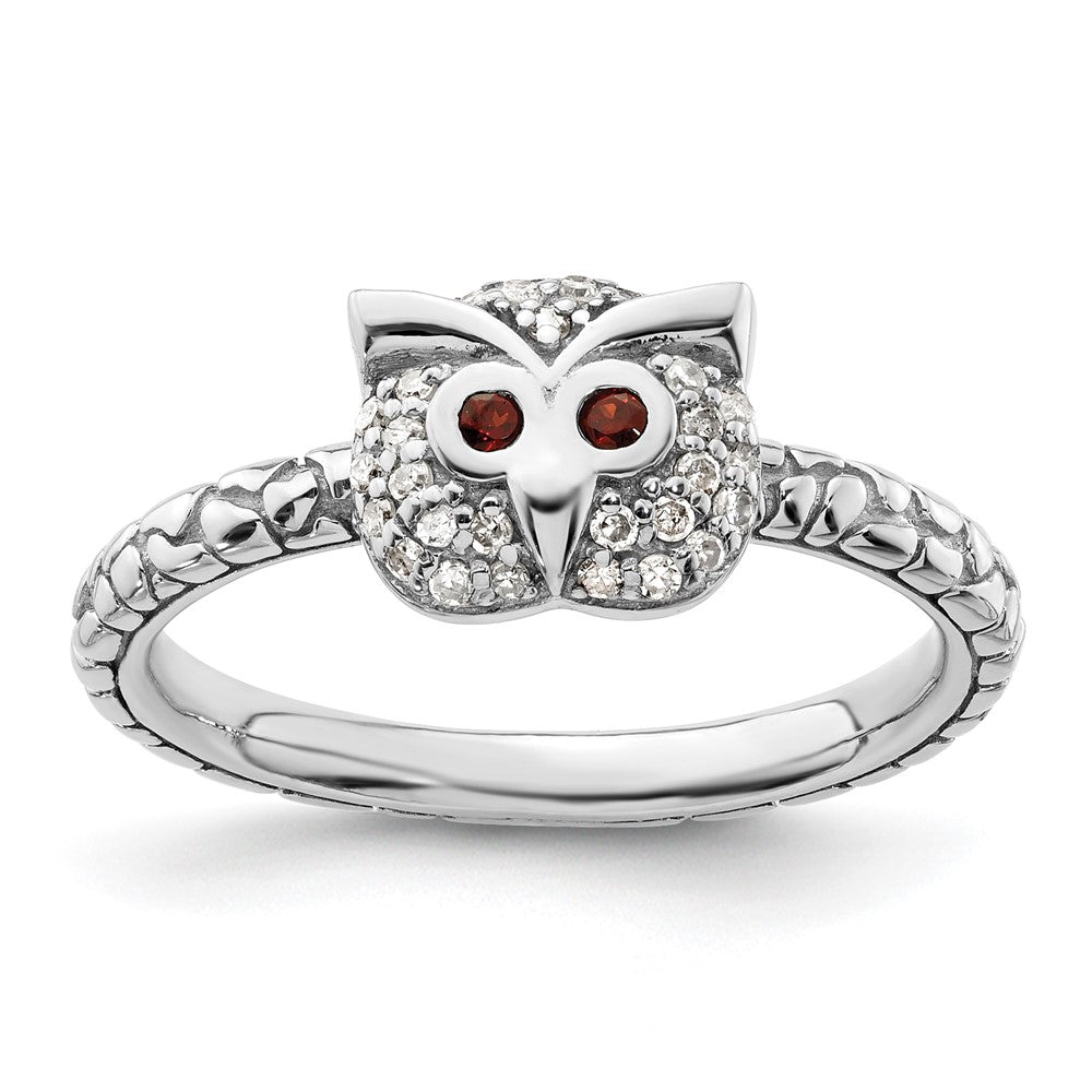 Sterling Silver Stackable Expressions Garnet & Diamond Owl Ring Size -8