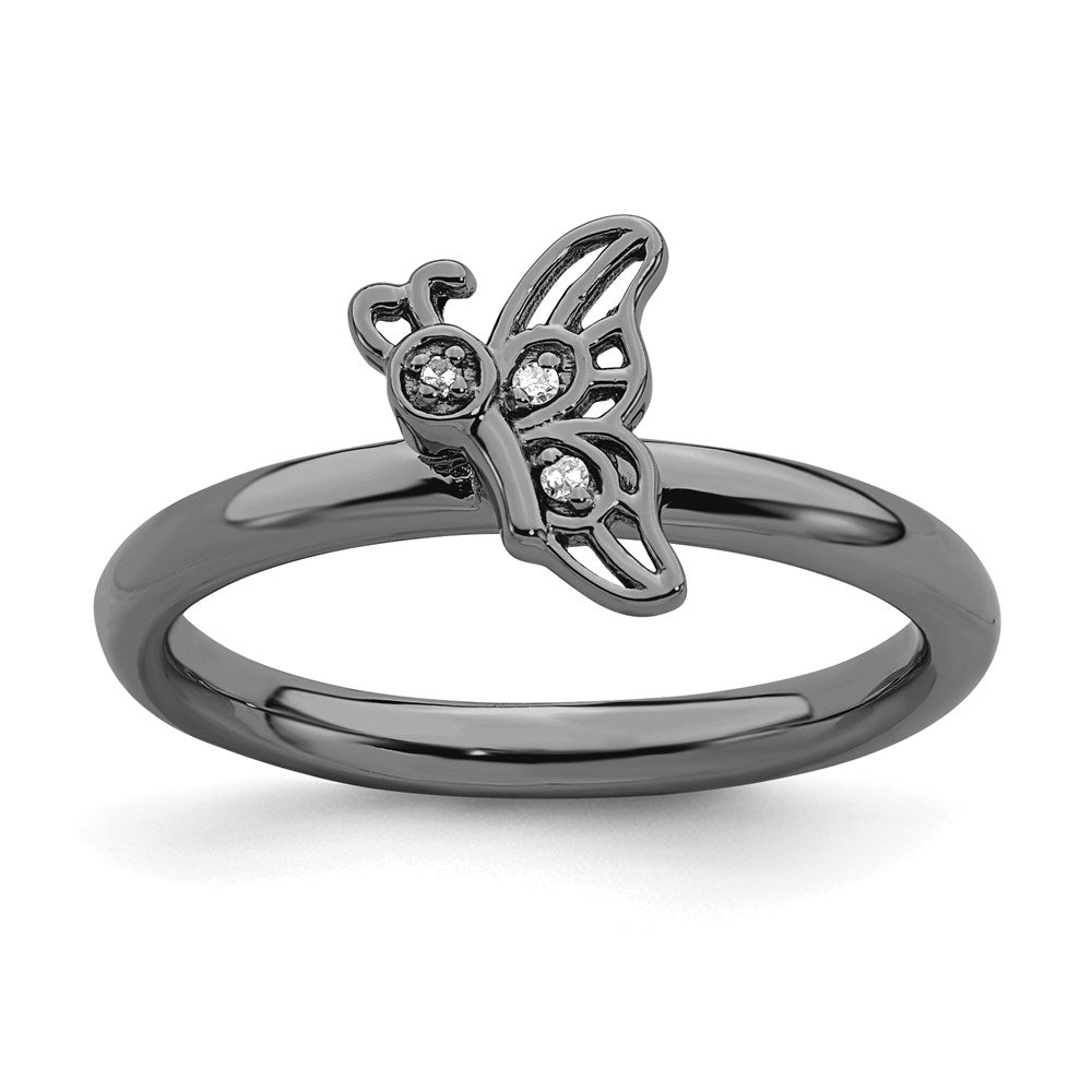 Sterling Silver Stackable Expressions Black-plated Butterfly w/Diamond Ring Size -8
