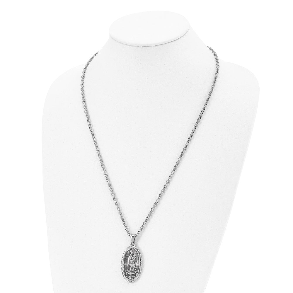 Stainless Steel Antiqued & Polished Spanish Lady of Guadalupe 24in Necklace