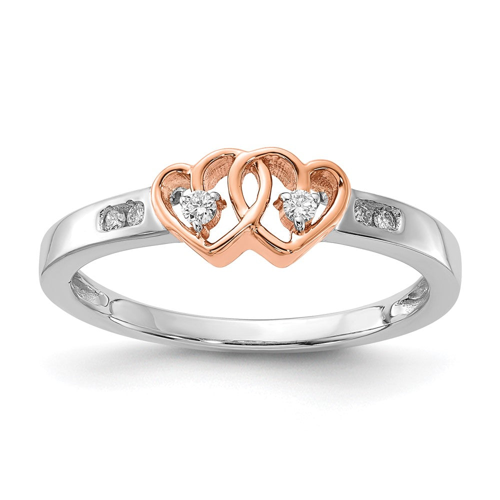 Sterling Silver w/ 10k Rose Accent Polished Diamond Double Heart Ring