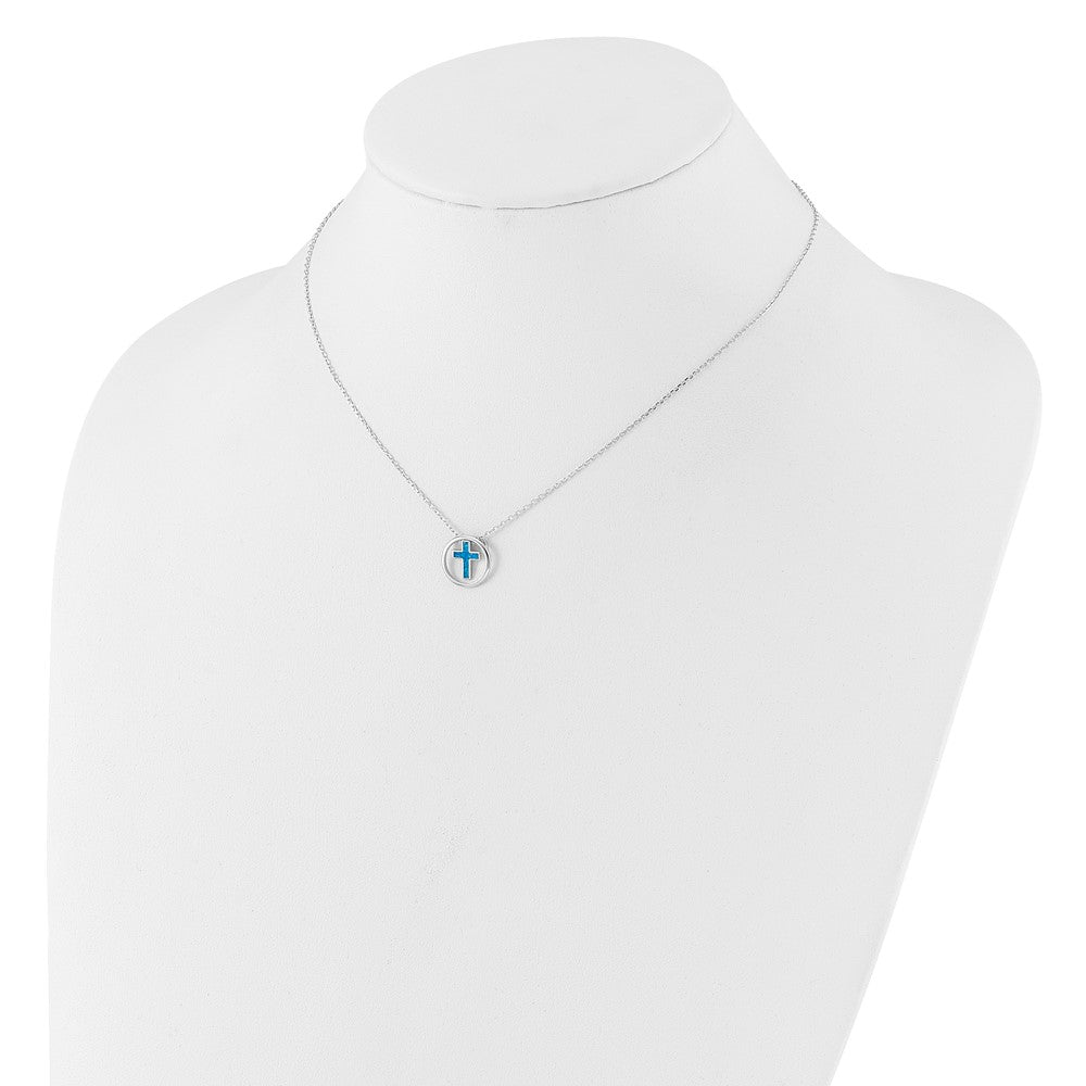 Sterling Silver RH-plated Blue Cr. Opal Inlay Cross 16in w/2in ext Necklace